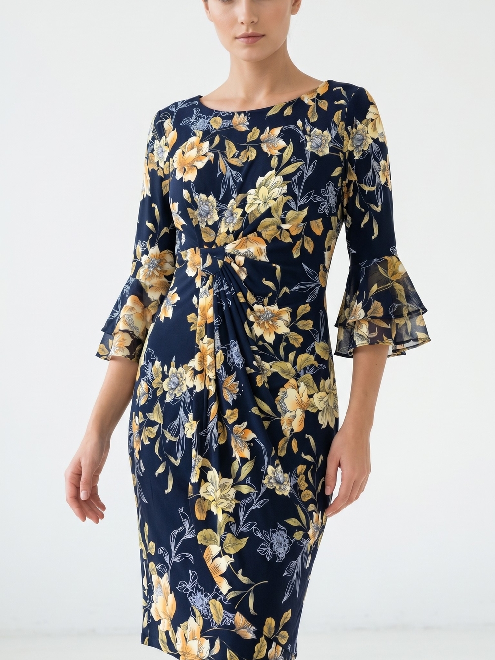 Studio Connection Navy Blue Gold Floral Sheath Dress Tiered Bell Sleeve Sz 12
